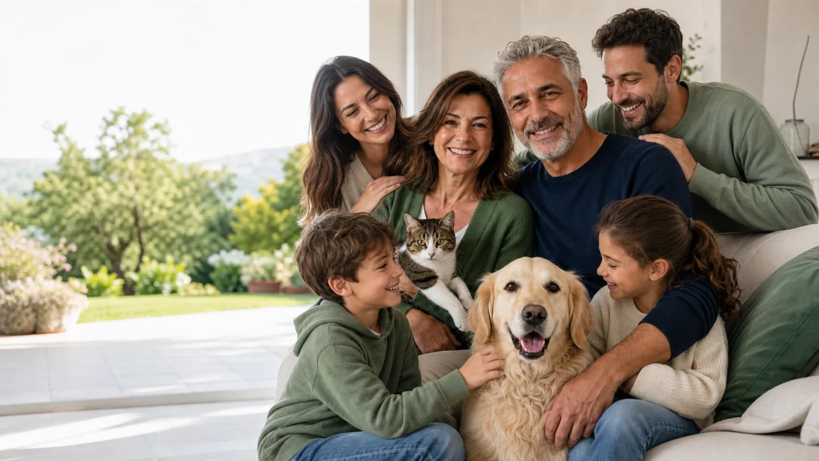 Una famiglia sorridente di più generazioni insieme al cane e al gatto